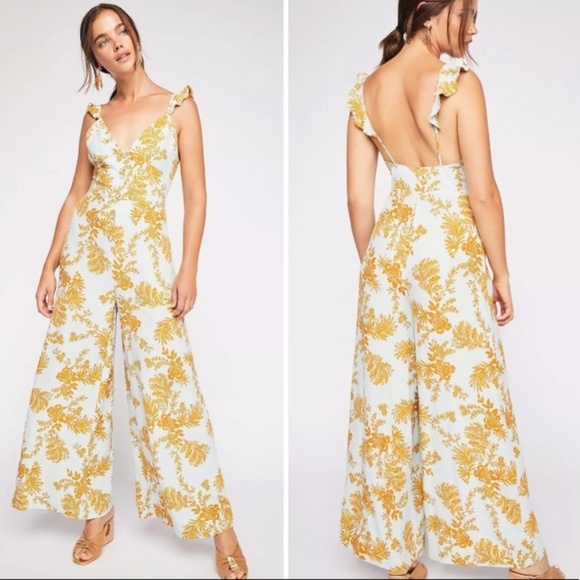 Free People Be The One Jumpsuit yellow combo size 4  NWT - Picture 1 of 4